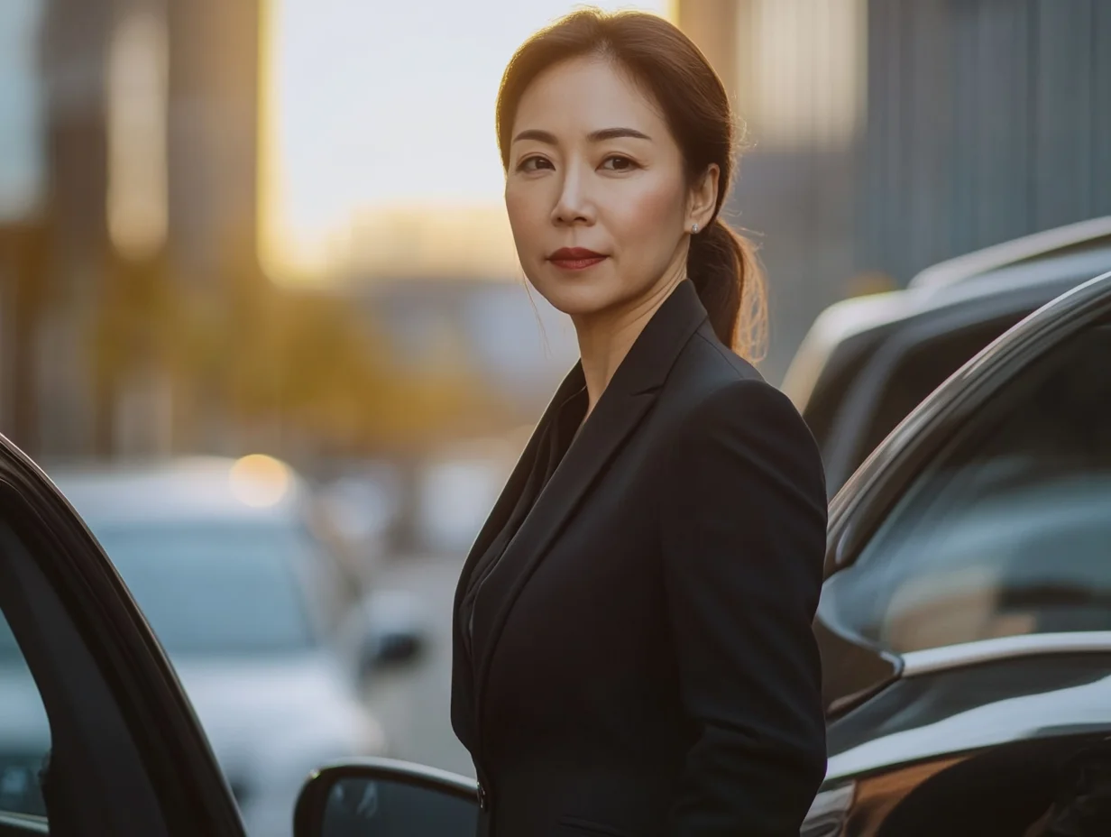 Professional woman driving to work in repaired car