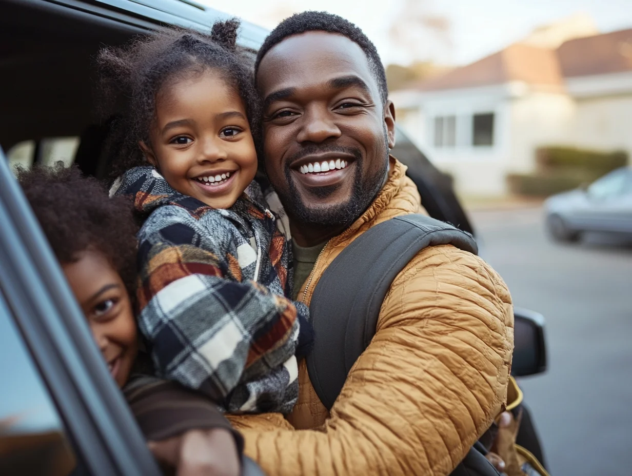Father loading children into repaired family SUV
