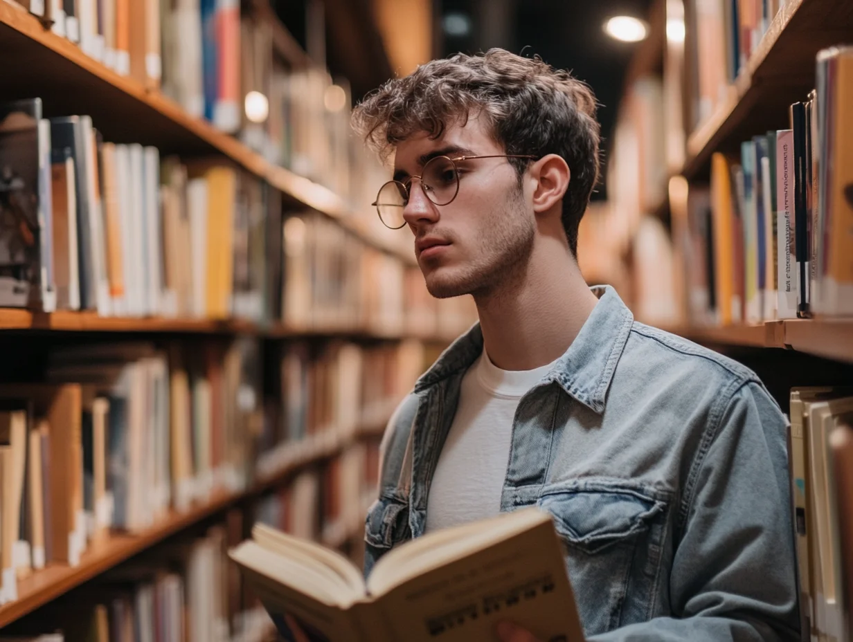Young man browsing financial books