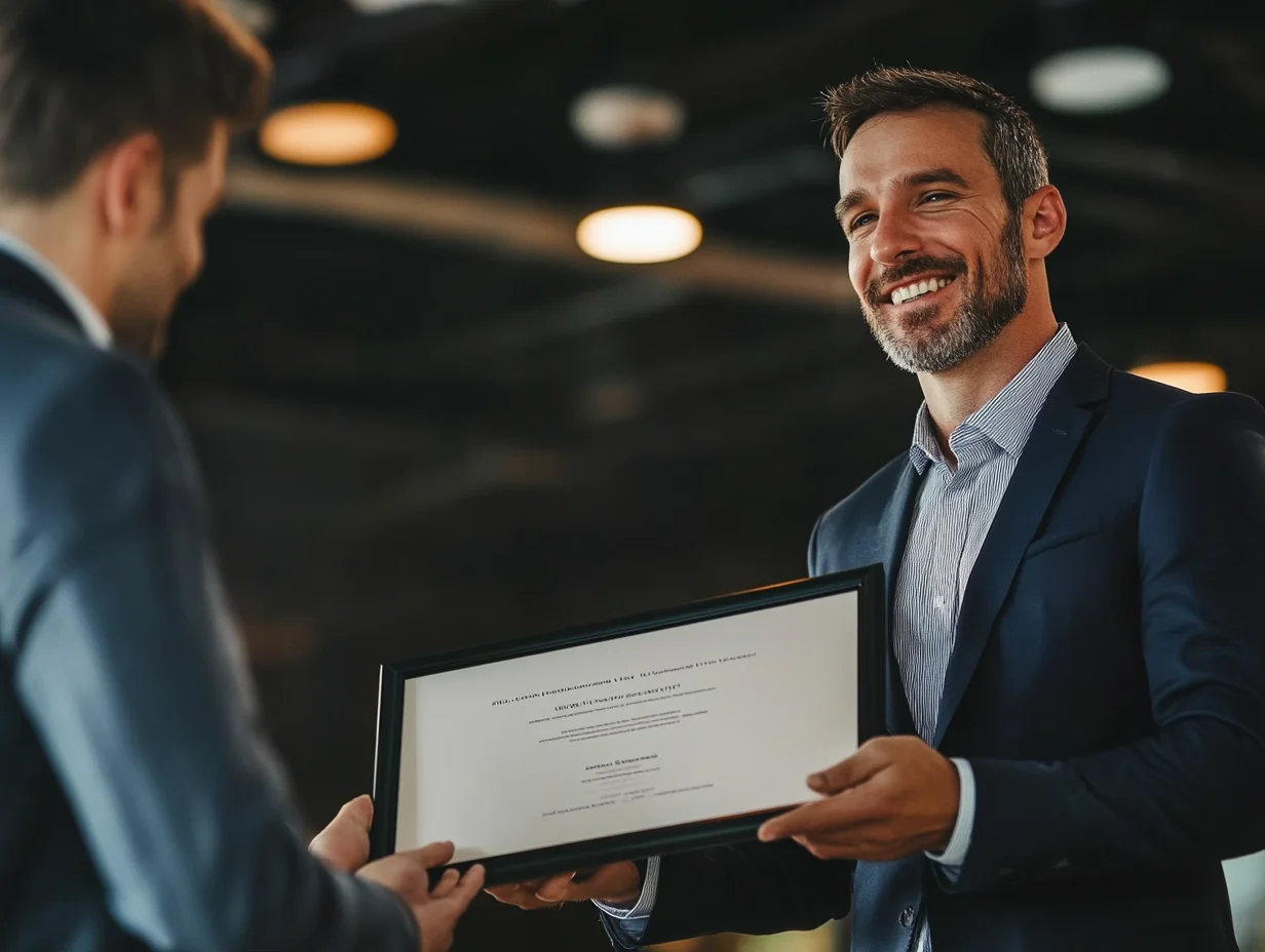 Professional receiving certificate at training program