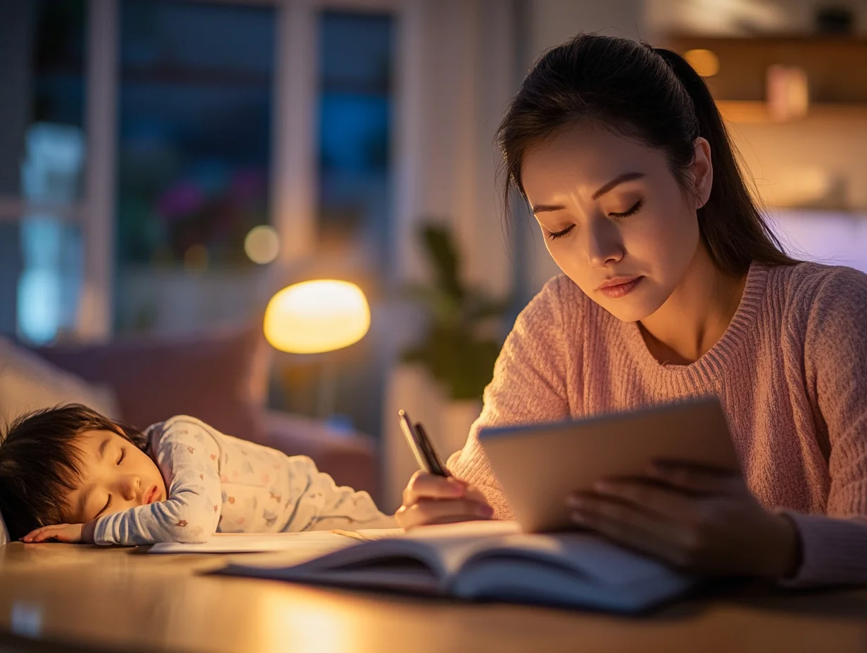 Mother studying online while balancing family responsibilities
