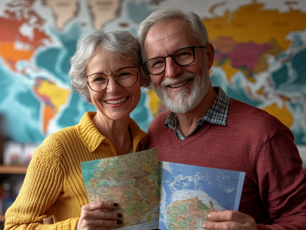 Senior couple reviewing travel plans and financial options