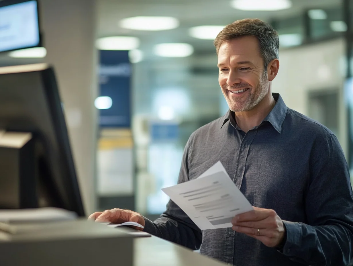 Man at bank counter completing personal loan application