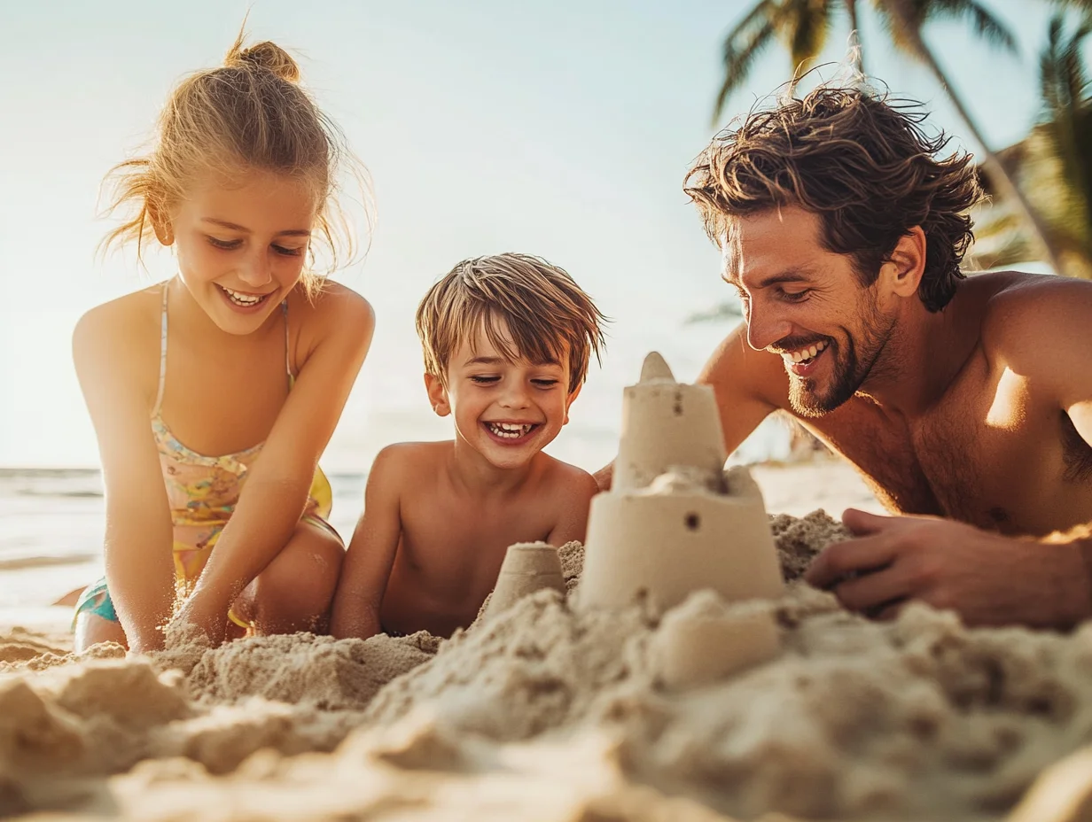 Happy family building sandcastle on beach vacation