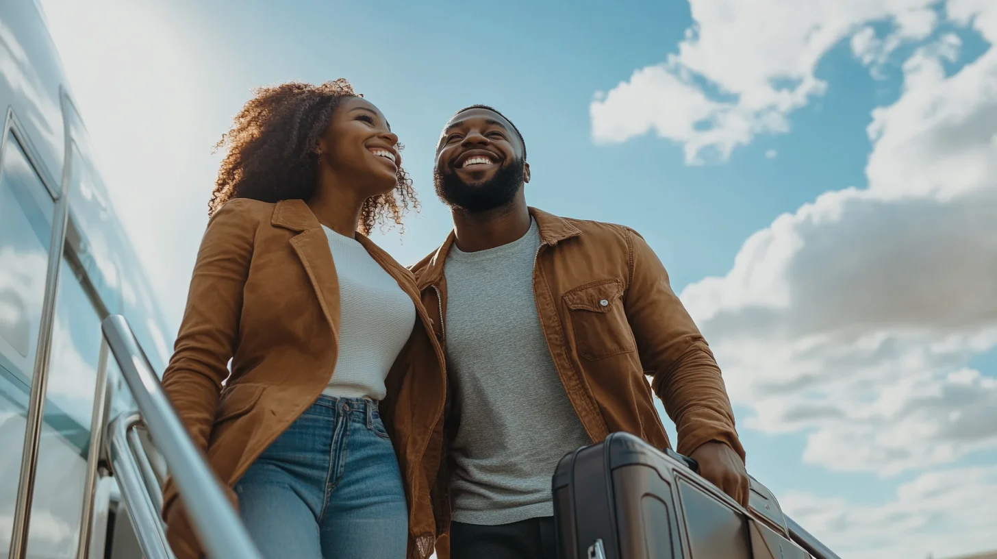 Excited couple boarding airplane for vacation