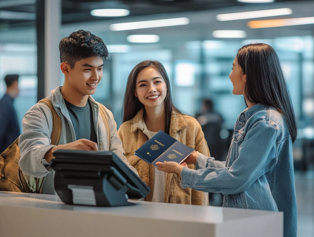 Couple receiving passports and planning dream trip
