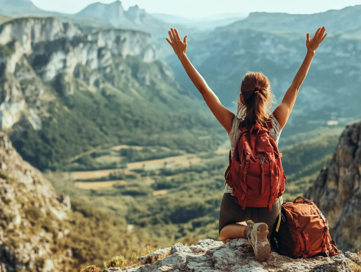 Woman at mountain summit enjoying solo adventure travel