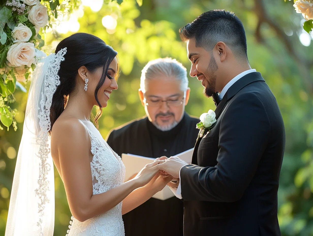 Newlyweds cutting wedding cake at reception
