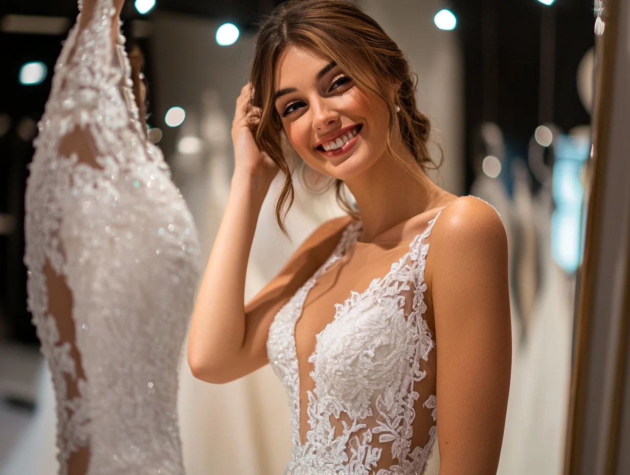 Bride admiring wedding dress in boutique mirror